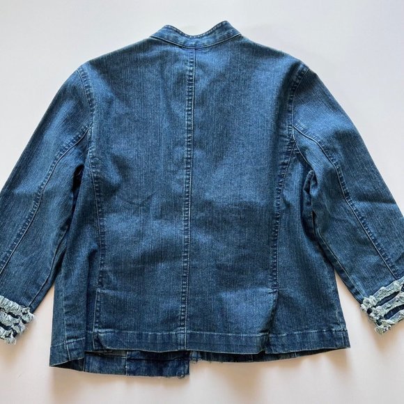 Ruby Rd Petite Blazer Denim Jacket Women's Size 8P  3/4 Sleeves Fringe Trim Blue - Picture 2 of 10